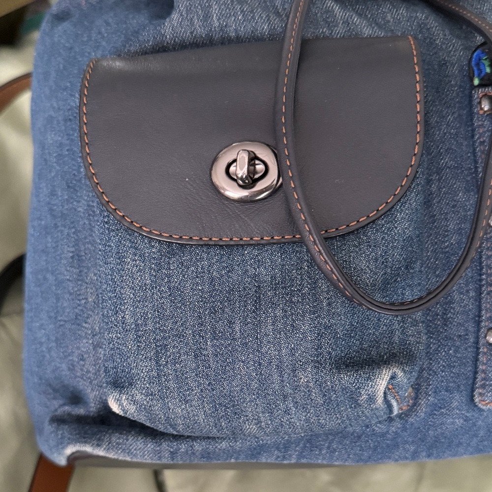 Coach Denim and Black Leather Drawstring Backpack - Picture 6 of 11